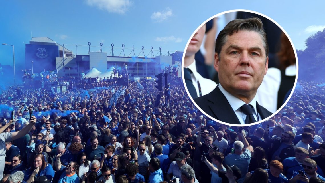 Everton fans outside Goodison Park vs Southampton. Inset of Premier League chief Richard Masters.