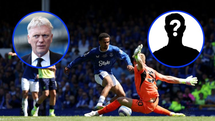 Iliman Ndiaye before scoring for Everton (central), Everton manager David Moyes (left inset), mystery player (right inset)
