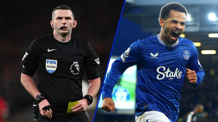 Split image of Premier League referee Michael Oliver and Everton forward Iliman Ndiaye playing in 2025.