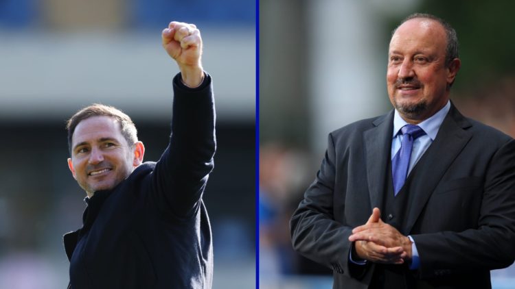 Split image of Frank Lamprd as Coventry City boss in 2025 and Rafa Benitez at Everton in 2021.