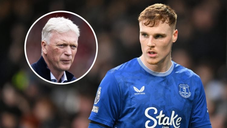 Everton defender Jake O'Brien. Inset of Everton boss David Moyes.