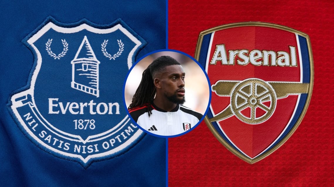 Split image of Everton's badge and Arsenal's badge. Inset, Alex Iwobi playing for Fulham in 2023.