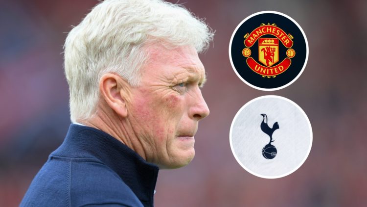 Everton manager David Moyes watches on. Inset of Manchester United and Tottenham Hotspur badge.