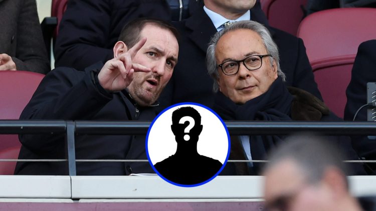 Kevin Thelwell and former Everton owner Farhad Moshiri sat together (main), mystery player (inset)
