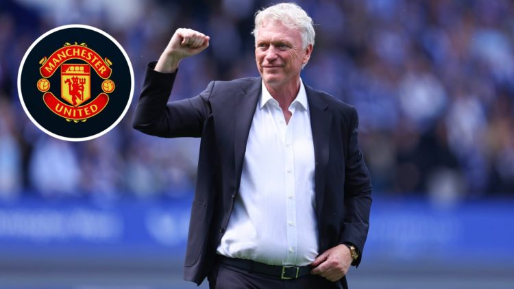 Everton manager David Moyes celebrating. Inset of Manchester United badge.