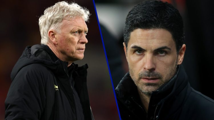 Split image of David Moyes as Everton manager in 2025 and Arsenal manager Mikel Arteta.