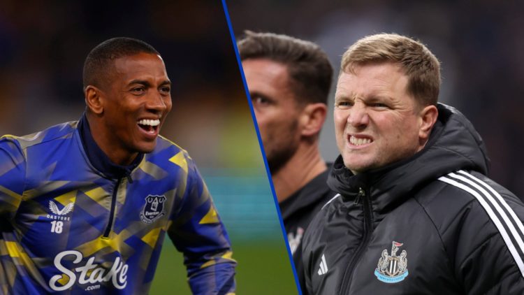 Split image of Everton player Ashley Young in 2025 and Newcastle United manager Eddie Howe.