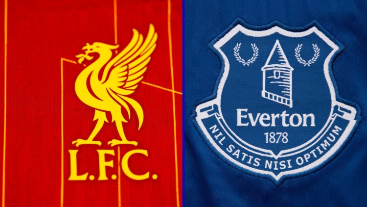 Split image of Liverpool's badge on their home kit in 2025 and Everton's badge on home kit in 2024.
