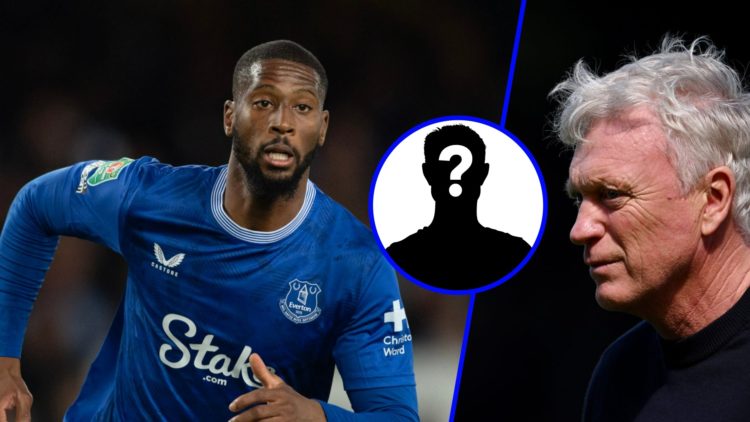 Beto playing for Everton (left), Everton manager David Moyes looks on (right), mystery player (inset)