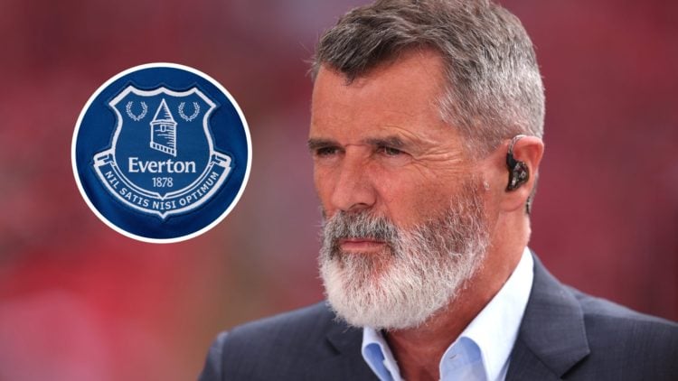 Roy Keane looking on. Inset of Everton badge.