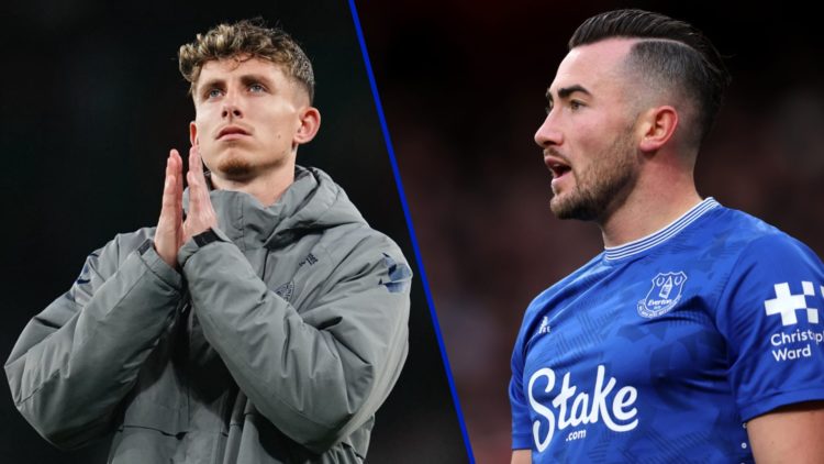 Split image of on-loan Everton midfielder Jesper Lindstrom and on-loan Everton player Jack Harrison in 2024.