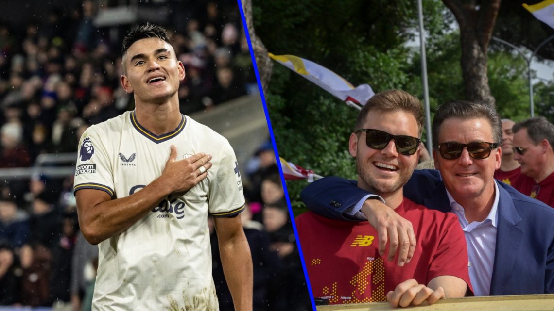 Carlos Alcaraz celebrates his goal for Everton vs Crystal Palace. Dan and Ryan Friedkin celebrate AS Roma's triumph in the Europa Conference League.