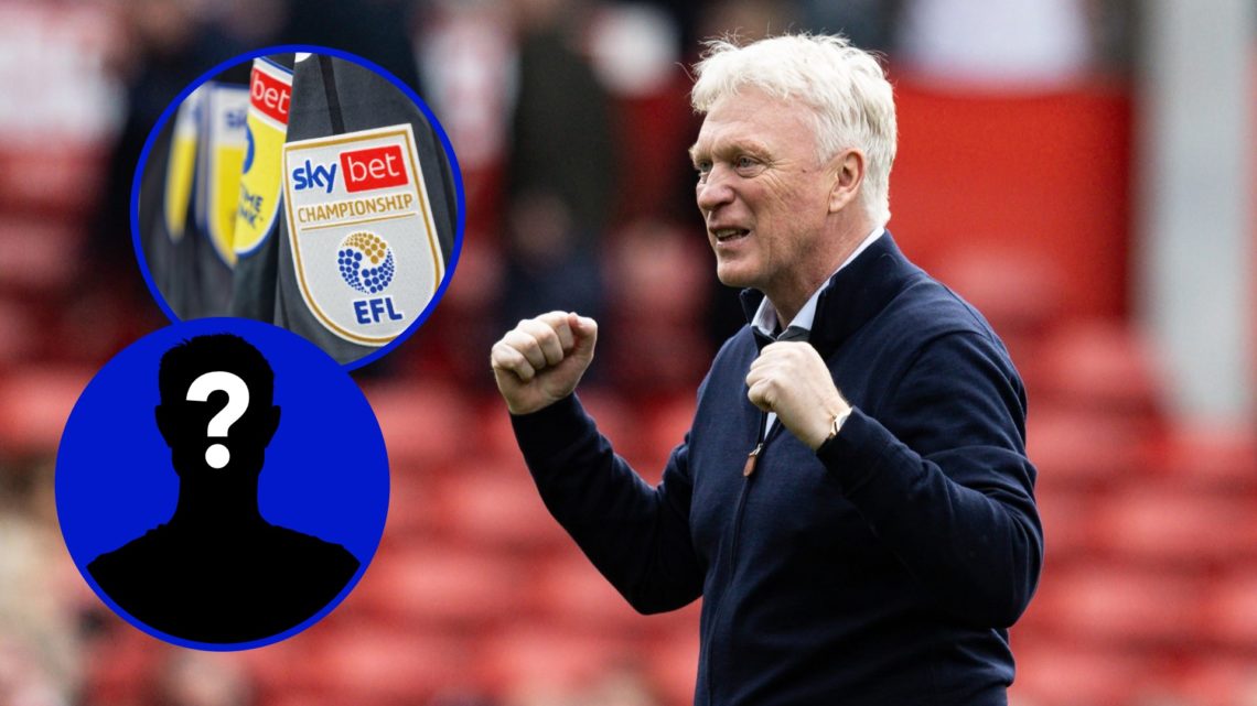 David Moyes, manager of Everton celebrating. Inset, the Championship logo. Inset, EN Mystery Player Icon.