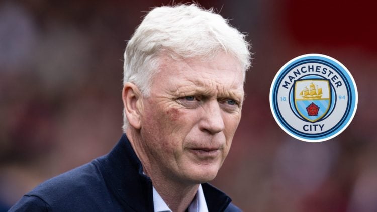 Everton manager David Moyes. Inset of the Manchester City badge.