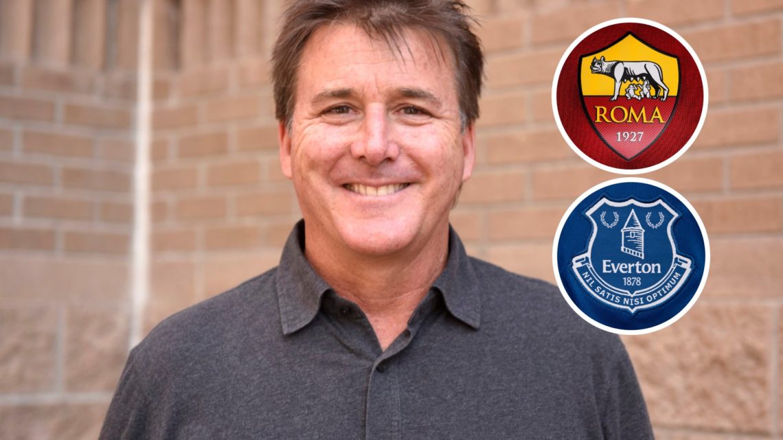 Everton and Roma owner Dan Friedkin. Inset of Everton and Roma badge.