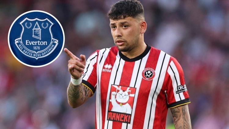 Sheffield United playmaker Gustavo Hamer. Inset of Everton badge.