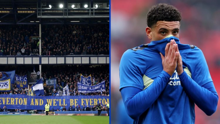 Split image of Everton fans at Goodison Park and former Everton player Ben Godfrey in 2024.