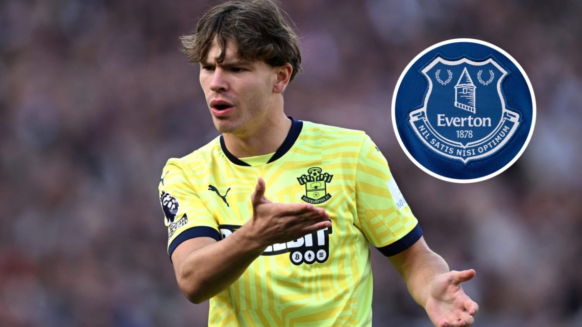 Southampton winger Tyler Dibling in action. Inset of Everton badge.