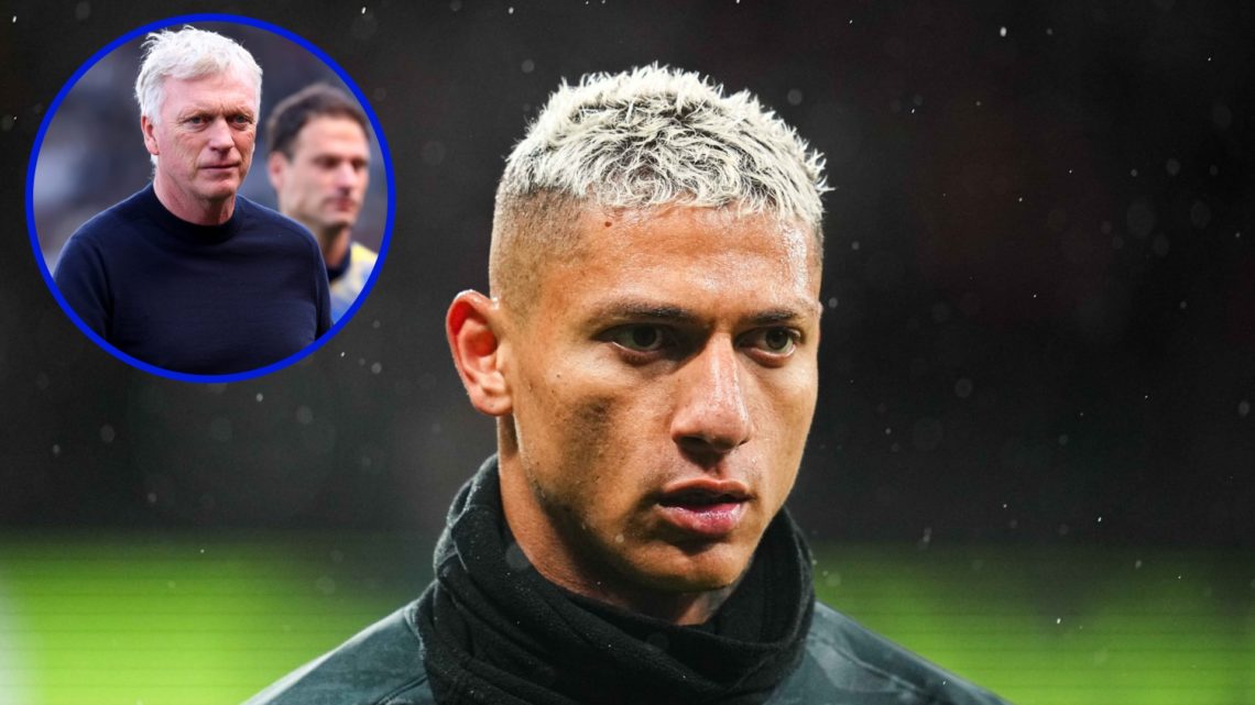 Richarlison warming up for Tottenham in the Europa League. Inset, Everton manager David Moyes.