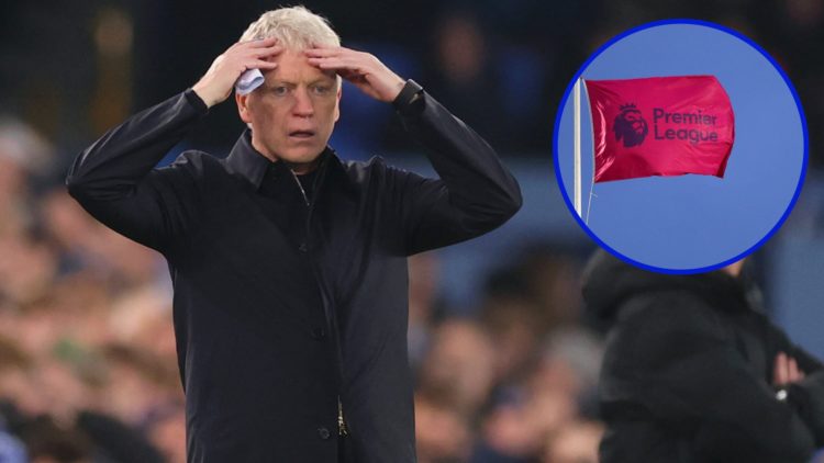 Everton manager David Moyes with his hands on his head. Inset, the Premier League logo on a flag.