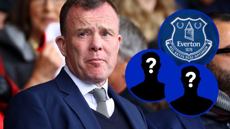 Former Leeds United Managing Director Angus Kinnear. Inset, Everton badge. Inset, EN Mystery Player. Inset, EN Mystery Player.