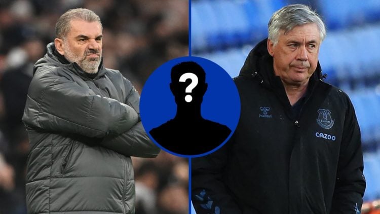 Split image of Tottenham Hotspur manager Ange Postecoglou and Former Everton boss Carlo Ancelotti. Inset, EN Mystery Player.