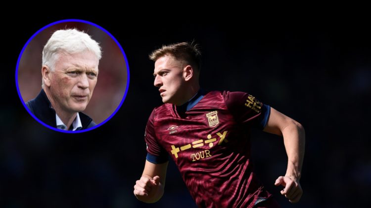 Liam Delap playing for Ipswich (central), Everton manager David Moyes (left)