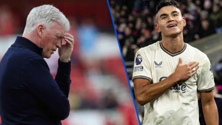 Split image of David Moyes, manager of Everton. Everton player Carlos Alcaraz celebrating after Crystal Palace win in 2025.