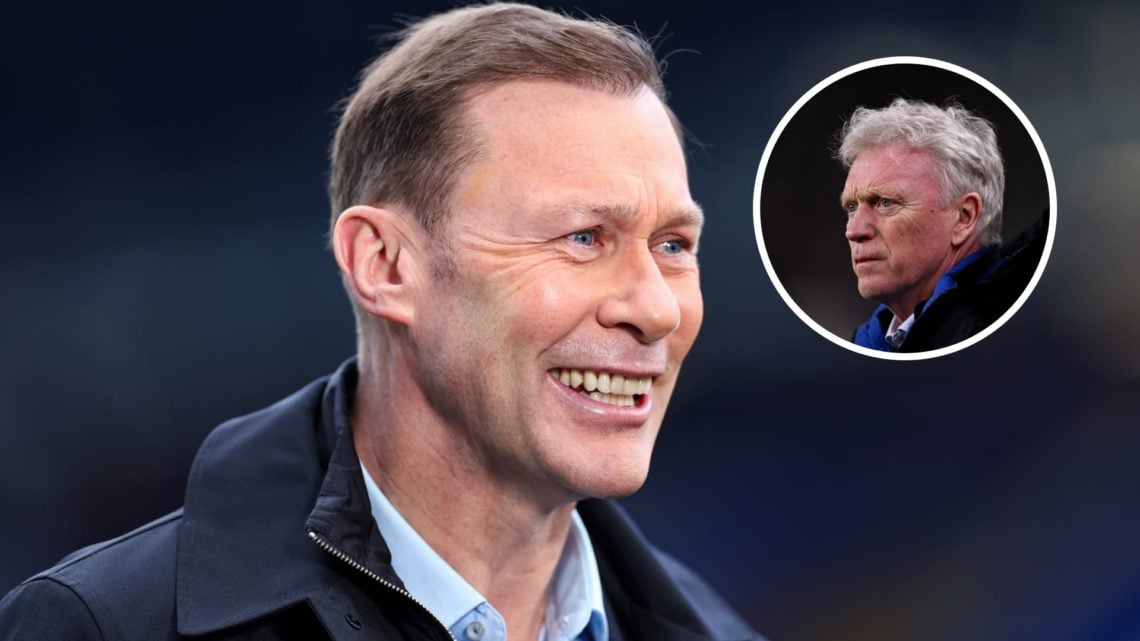 Duncan Ferguson works as a pundit during an Everton game. David Moyes watches his Everton side from the sidelines.