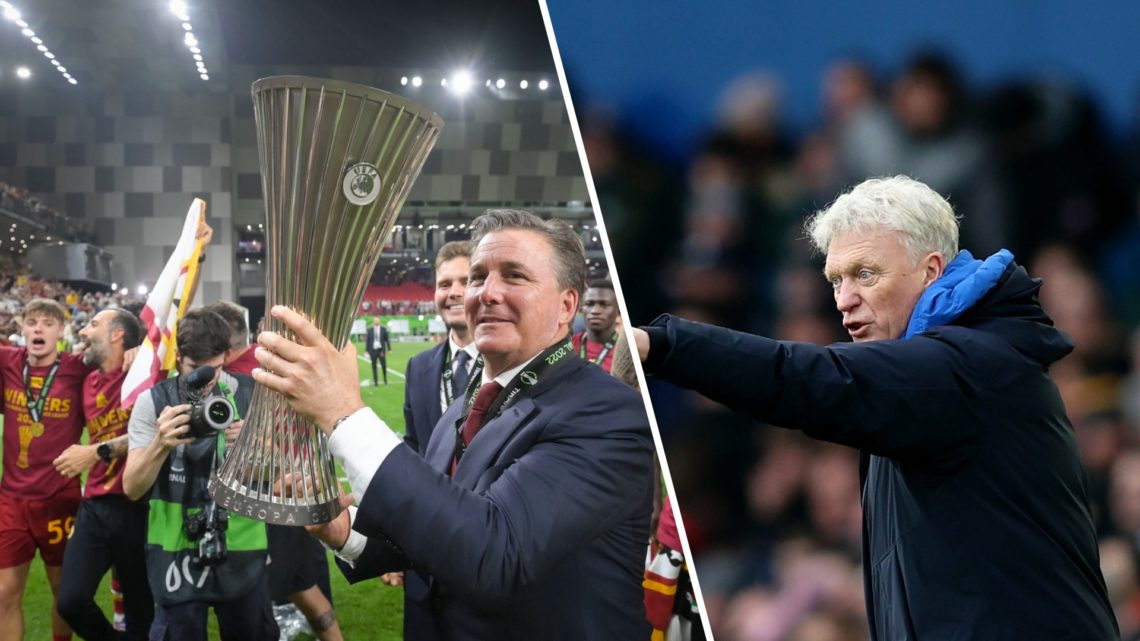 David Moyes directs his Everton side against Tottenham Hotspur. Dan Friedkin lifts the Europa Conference League trophy.