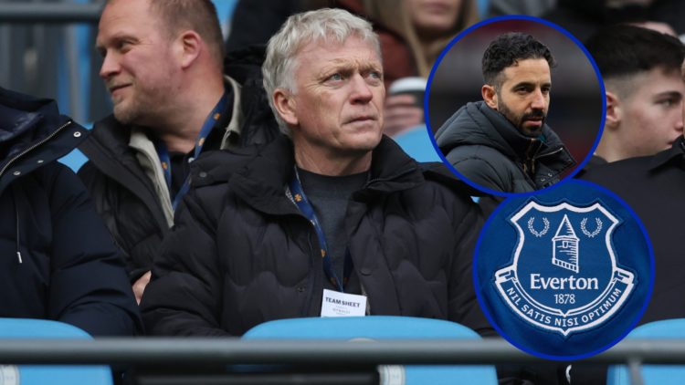 David Moyes, manager of Everton. Inset, Manchester United manager Ruben Amorim. Inset, Everton badge.