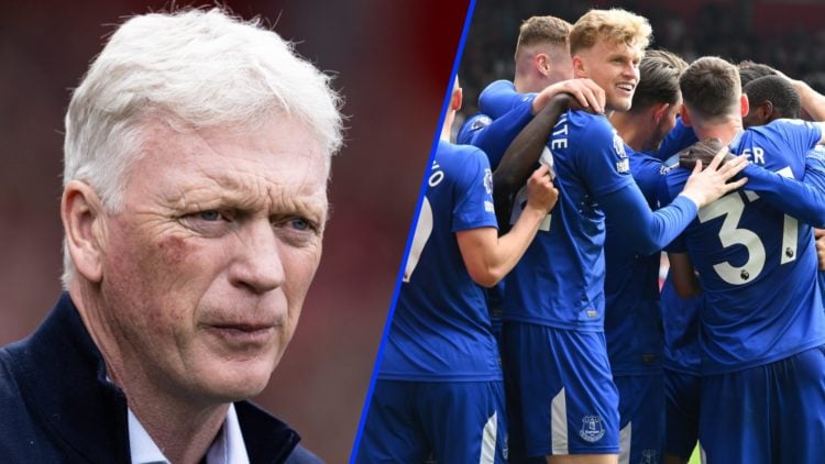 David Moyes watches on after Everton's victory over Nottingham Forest. The Everton players celebrate their win over Nottingham Forest.
