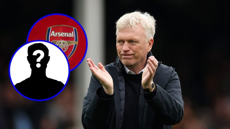 Everton manager David Moyes applauds (central), Arsenal badge (upper inset), mystery player (lower inset)