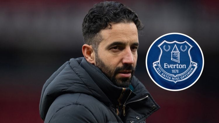 Manchester United manager Ruben Amorim. Inset of Everton badge.