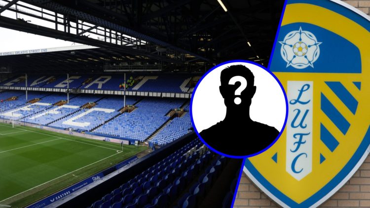 A general view of Goodison Park (left), Leeds United badge (right), mystery player (inset)