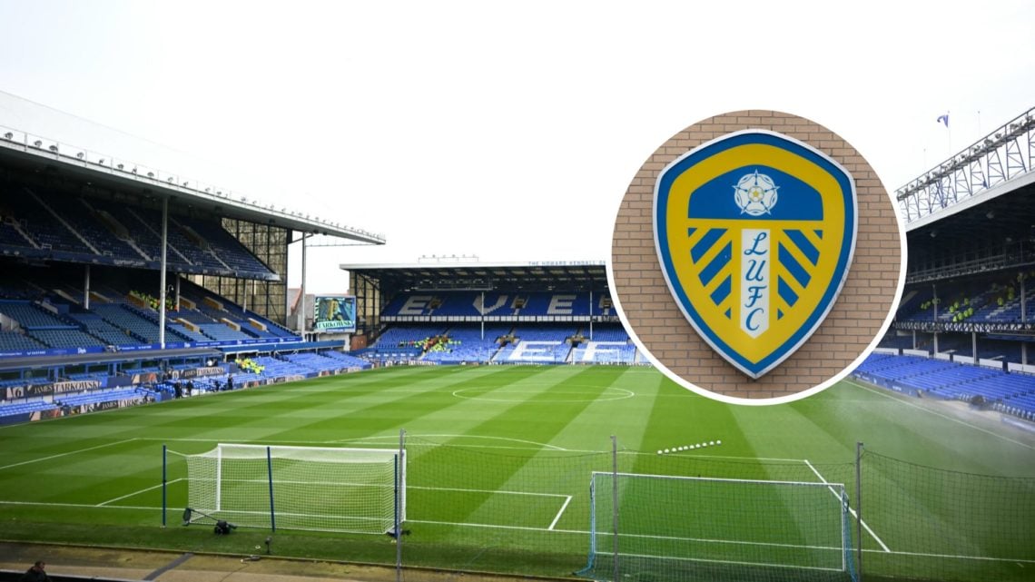Everton stadium Goodison Park. Inset of Leeds United badge