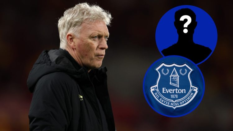 David Moyes, manager of Everton in 2025. Inset, EN Mystery Player Icon. Inset, Everton badge.
