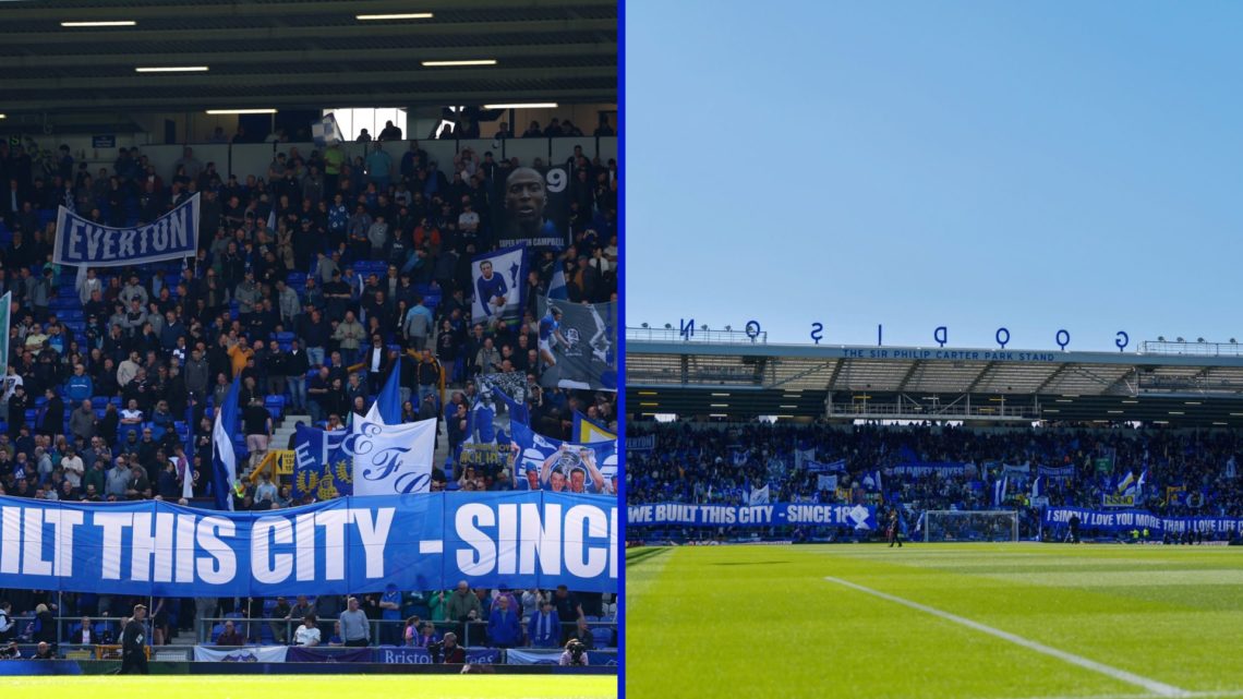 Split image of Everton fans displaying a banner in 2025 and Goodison Park before Everton vs Arsenal.