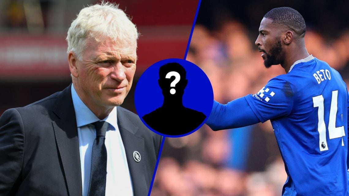 Split image of David Moyes, manager of Everton in 2025 and Everton striker Beto. Inset, EN Mystery Player Icon.