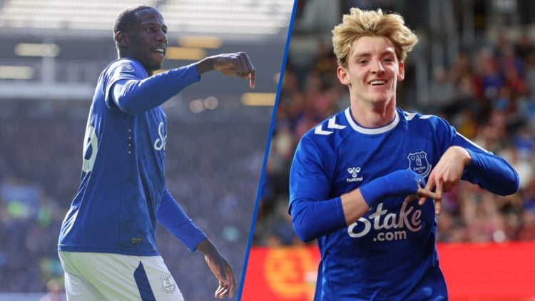 Everton midfielder Abdoulaye Doucoure celebrating in 2025. Former Everton player Anthony Gordon in 2022