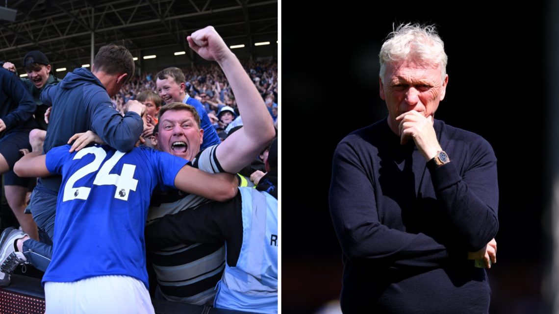 Everton fans celebrate their win over Fulham with Carlos Alcaraz. David Moyes watches on as his Everton side beat Fulham.