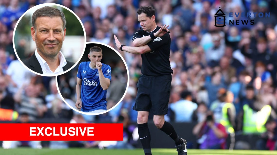 Darren England referees the Premier League game against Fulham and Everton. Vitaliy Mykolenko celebrates after scoring for Everton against Fulham. ...