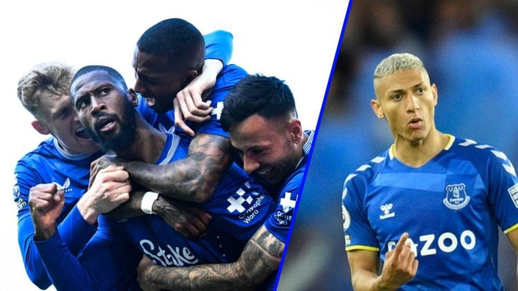 Everton stars celebrate after Beto scored against Fulham (left), Richarlison playing for Everton (right)