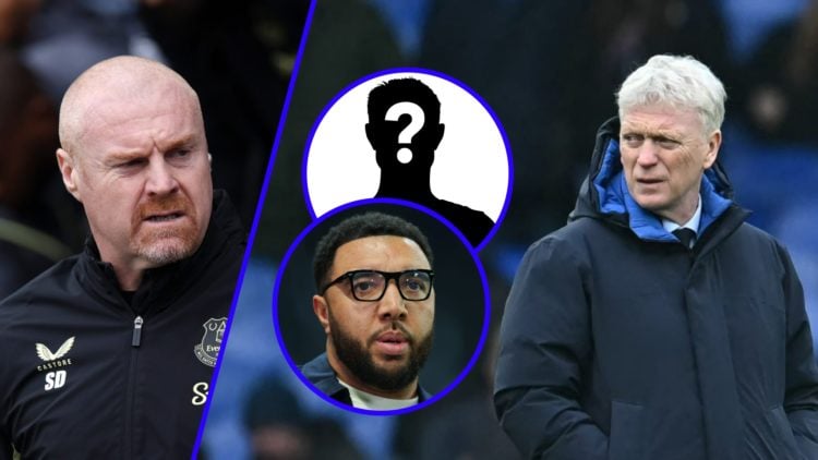 Former Everton manager Sean Dyche (left), current Everton manager David Moyes (right), mystery player (top inset), Troy Deeney (bottom inset)