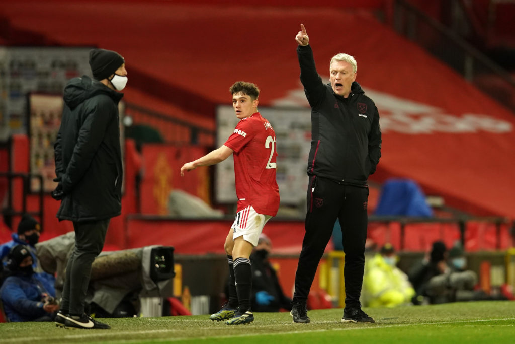 Dan James in action for Man United v West Ham as David Moyes gives orders.