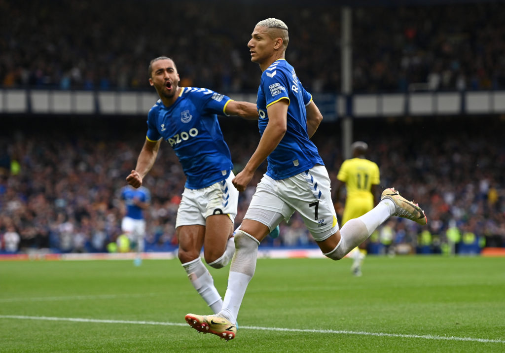 Richarlison running off celebrating during Everton v Brentford.