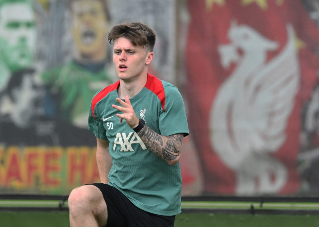 Ben Doak goes through the motions in Liverpool training.