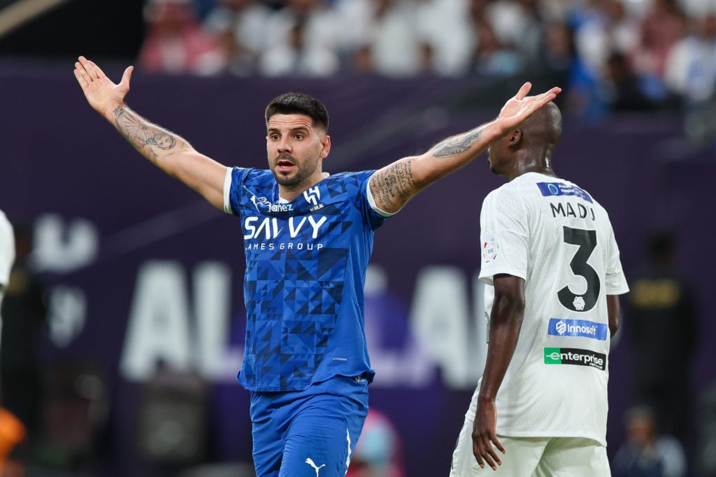 Aleksandar Mitrovic celebrates scoring for Al-Hilal.
