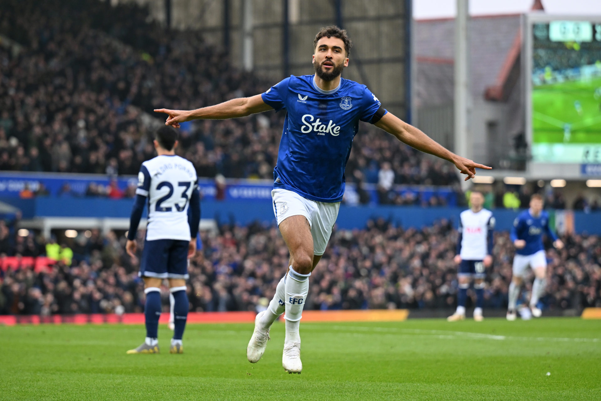 Dominic Calvert-Lewin celebrates after scoring for Everton.