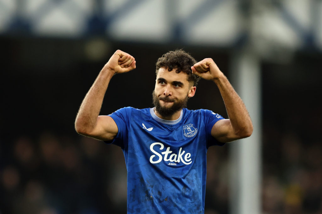 Dominic Calvert-Lewin of Everton celebrates victory after the Premier League match against Tottenham Hotspur at Goodison Park.